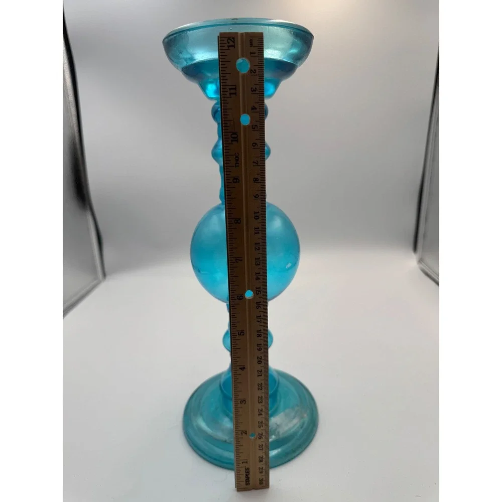 Turquoise Blue Glass Pillar Candlestick Holder‎ Orb Stem 11.5 Inch RN 119316